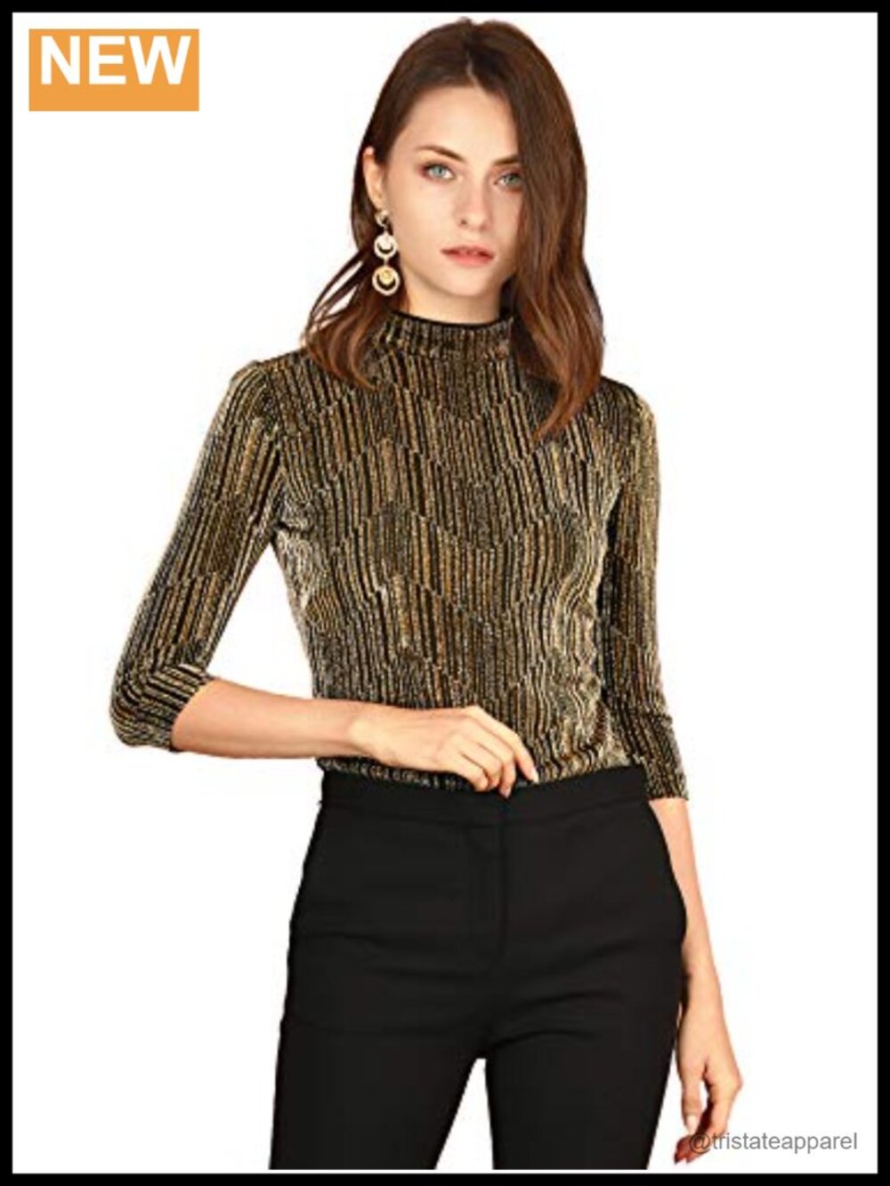 Allegra K Women Metallic Glitter 3/4 Sleeve Mock Neck Party Top